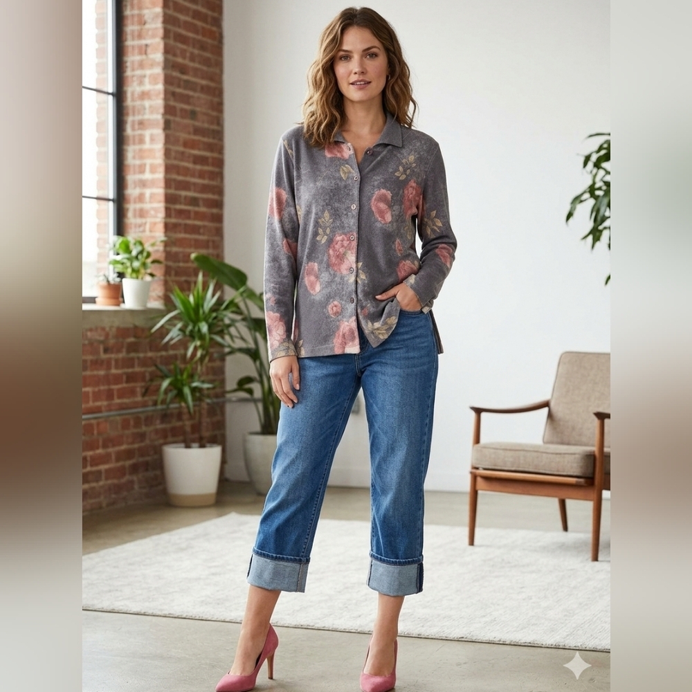 Casual Gray Floral Cropped Button-Up Top with Pink Accents